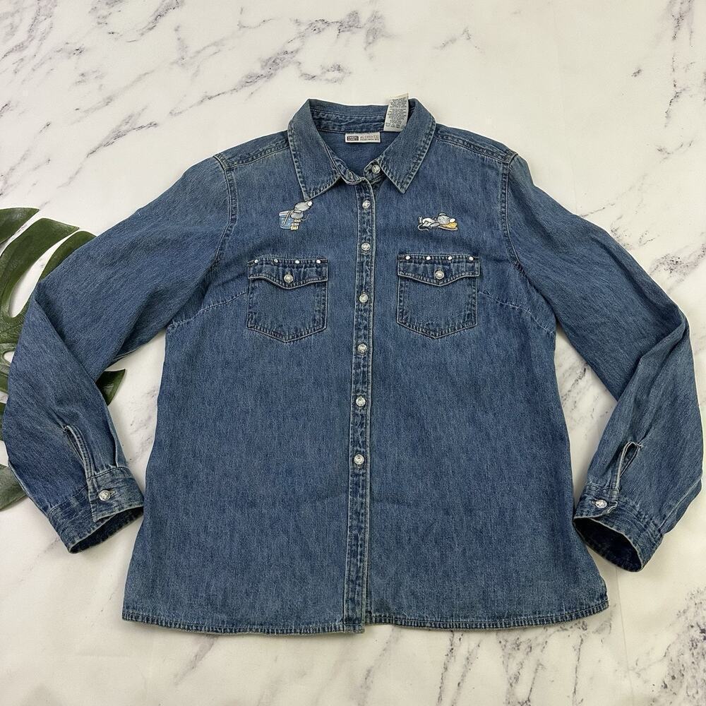 Faded Glory Womens Vintage 90s Denim Shirt Size M Blue Mouse Patches Gem Buttons